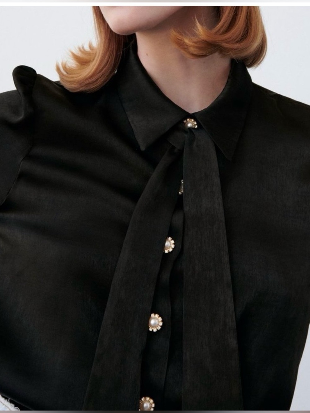 Zara Black Satin Tie-Neck Blouse